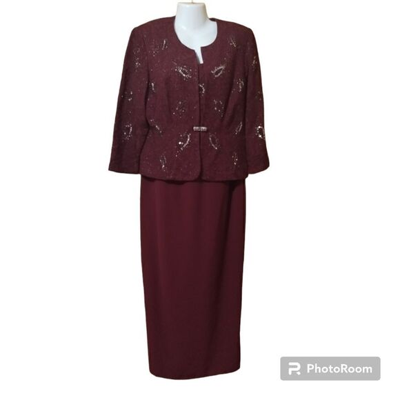 R&M Richards 2pc Beaded Wine Jacket Dress Formal Sz 10 - Picture 1 of 16
